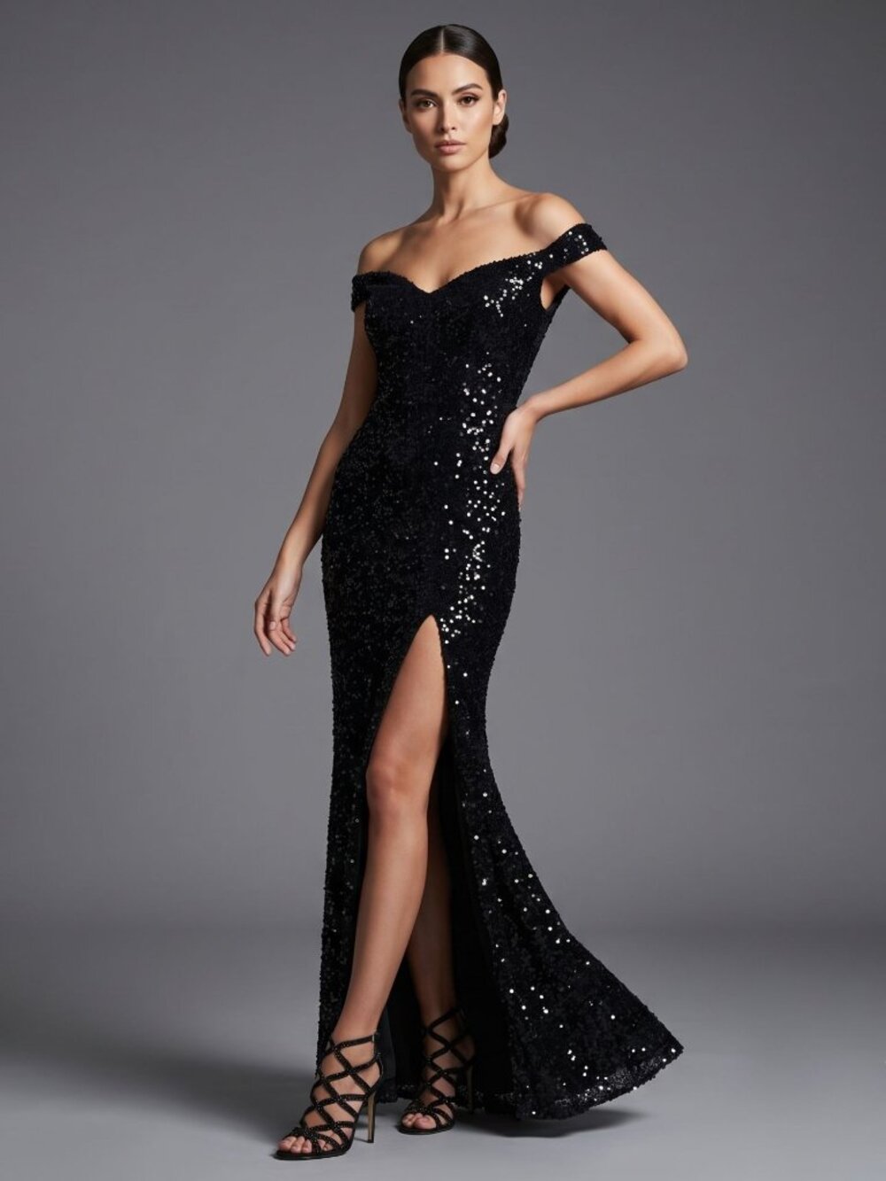 Portia & Scarlett SZ 10 Black Sequined Glam Lux Gown W/ Slit